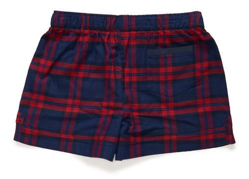 The back of the Flannel Boxer (this one is our blue + red plaid) all feature a back pocket edged in a coordinating grosgrain ribbon.