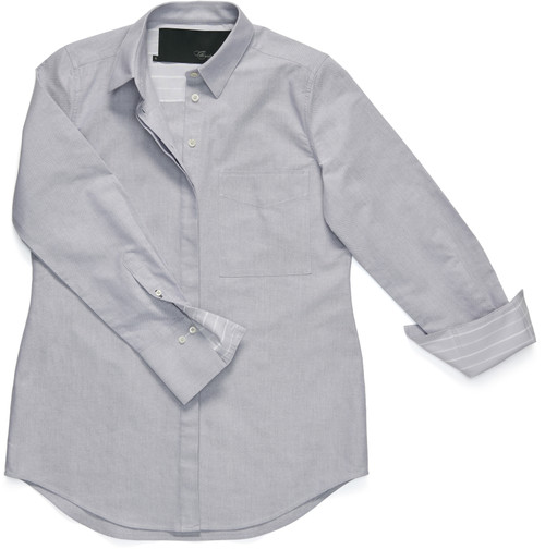 Our slimmer, trimmer version of a boyfriend-style shirt is the Modified Boyfriend Shirt. This season we fashioned it in stone-hued Oxford cloth with a beige-and-white stripe sleeve/cuff lining.
