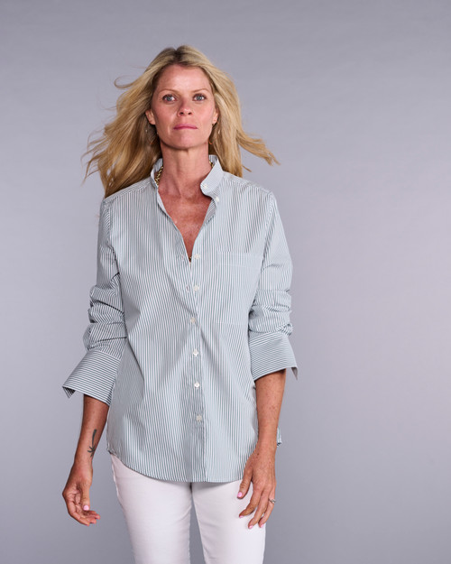 The Mod in Halo Blue Stripe | Our Chic Slimmer Style Boyfriend Shirt
