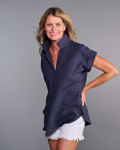 The Cap Sleeve League in Midnight Blue Seersucker