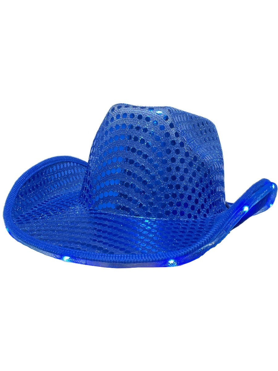 Adult's Blue Sequin Cowboy Hat With LED Trim