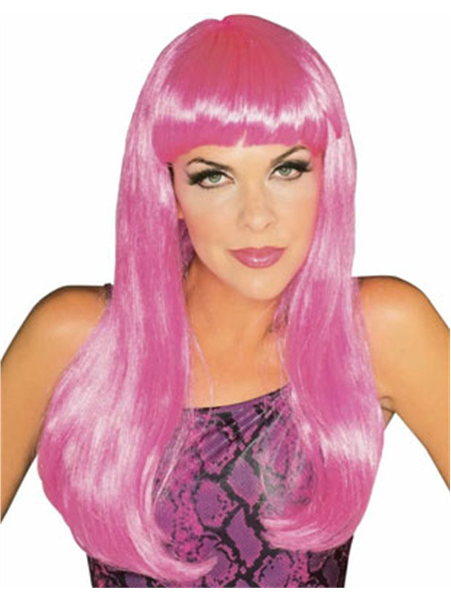 HOT PINK long straight wavy Wig w/ bangs 26 Inches Hot Pink Wig Long Wavy Wig with Bangs Synthetic  main image 3