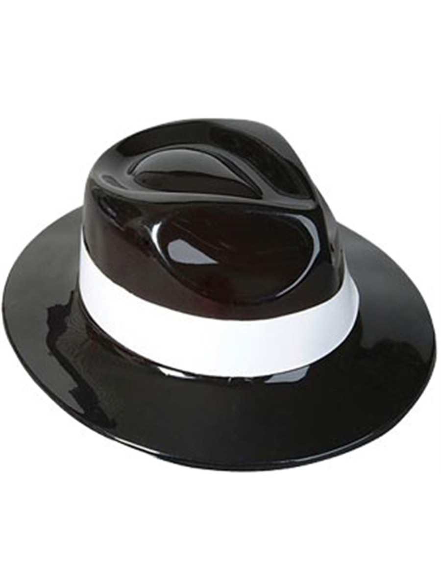 Black Plastic Costume Party Gangster Fedora Hat With White Band