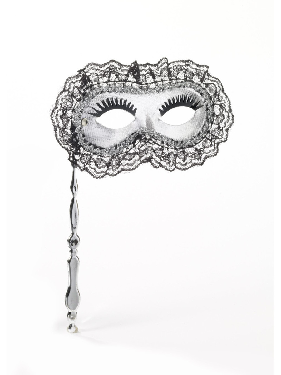 Black Mask Silver Trim + Feathers On Stick Eye Masks Unisex main image 1