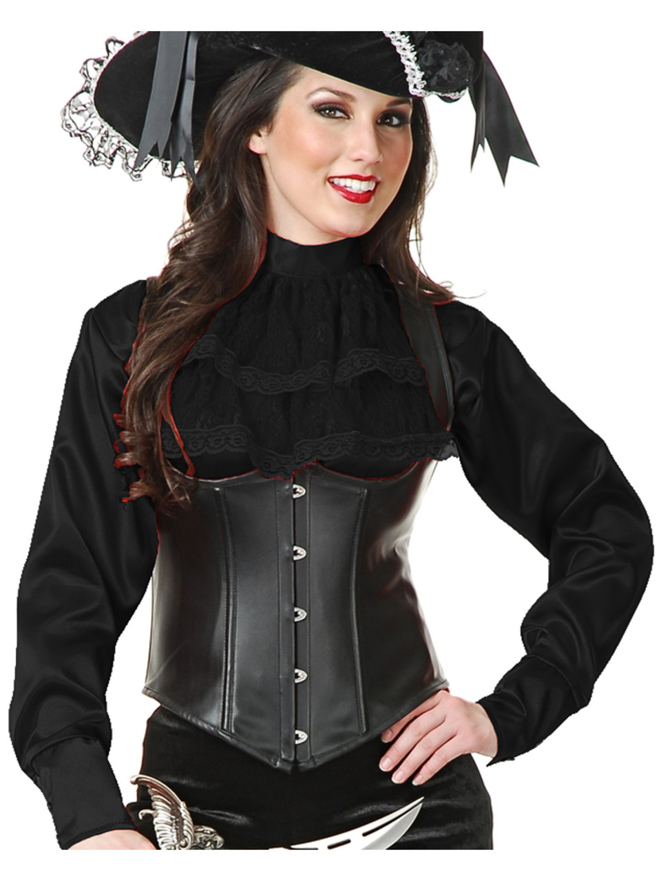 Pirate Woman Costume 4 Pc Blk/Wht High-Low Skirt Blouse Corset & Wig LG/XL