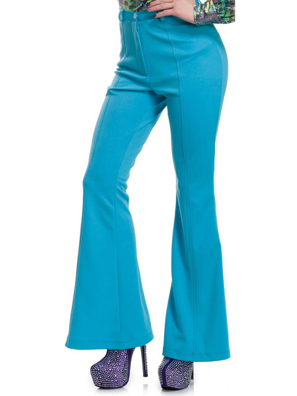 Womens 70s High Waisted Blue Disco Pants