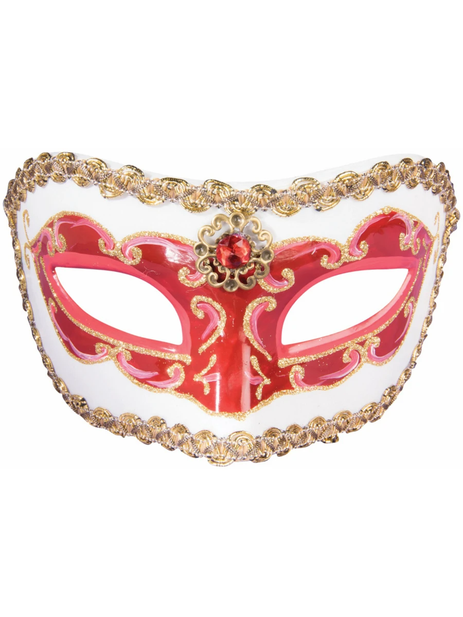 White and Red With Gold Trim Half Mask