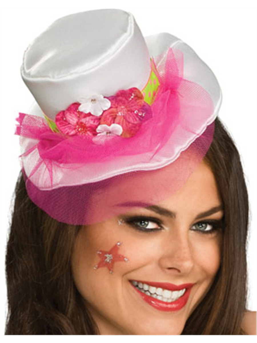 White Mini Top Hat With Pink Veil and Flowers