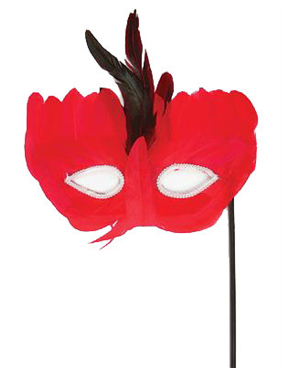 black and red masquerade mask with feathers