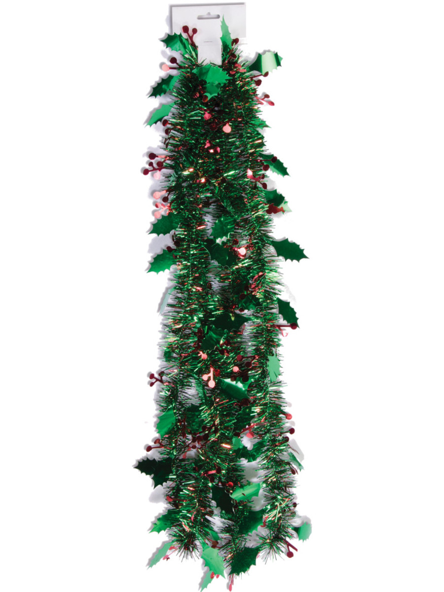 9' Green And Red Christmas Holly Tinsel Garland