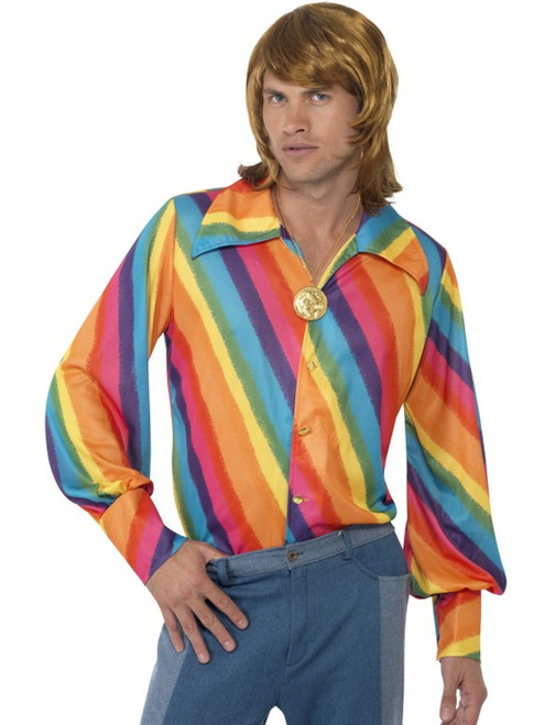 Adult's Mens 70s Groovy Rainbow Color Disco Shirt Costume