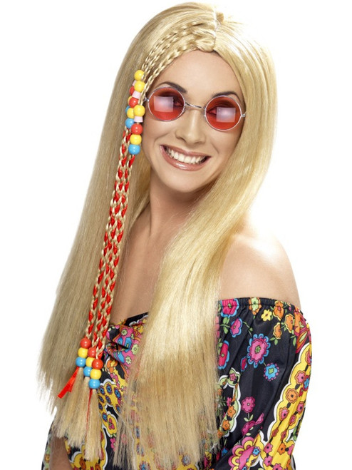 Womens Blonde Long Hippie Wig With Beaded Braids Costume Accessory