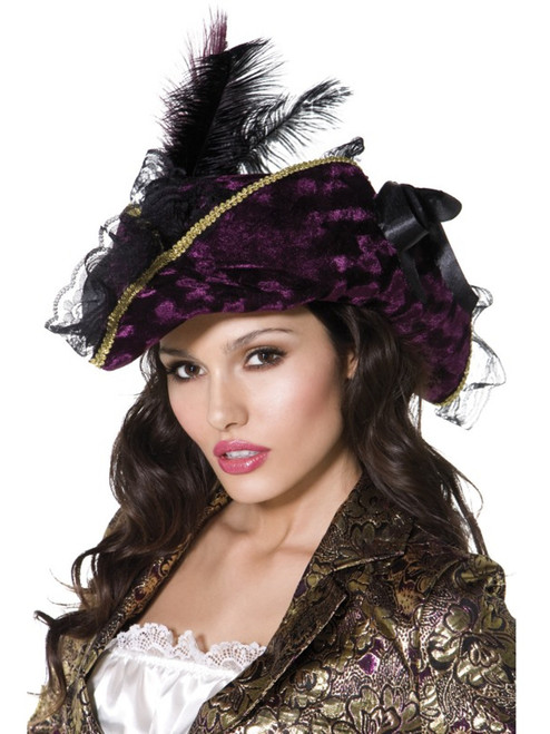 Womens Caribbean Pirate Captain Purple Hat With Feathers Costume Accessory