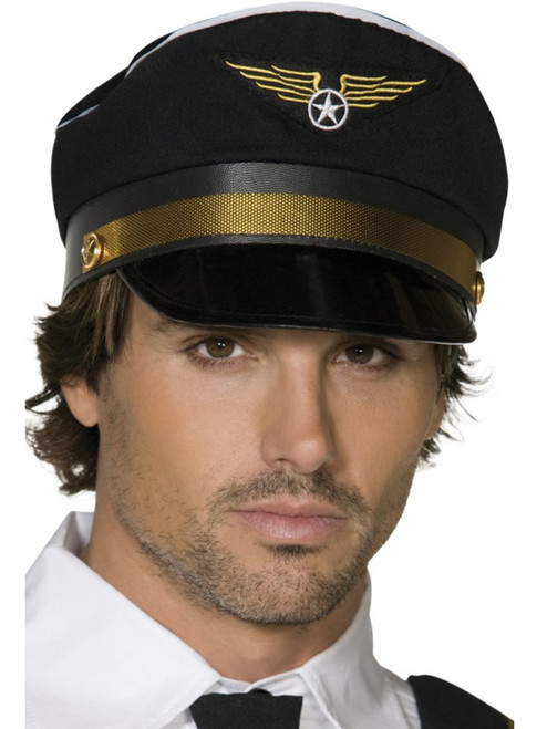 Adults Black Pilot Hat With Emblem Costume Accessory