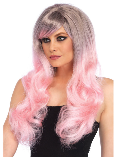 Womens 2 Tone Grey And Pink Long Wavy Wig Costume Accessory