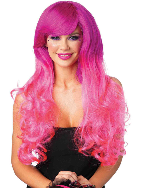 Womens 2 Tone Fuchsia And Pink Long Wavy Wig Costume Accessory