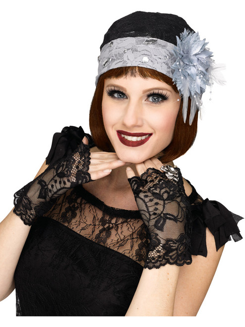 Gangster Flapper Roaring 20s Grey Cloche And Gloves Costume Accessory