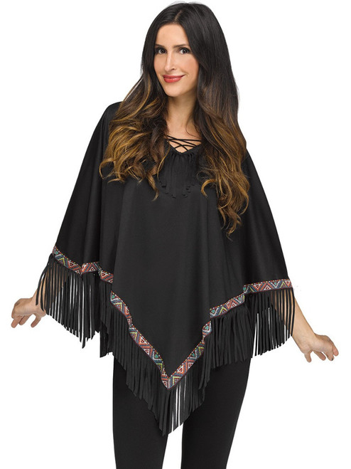 Adult's Womens 60s Hippie Black Faux Suede Poncho Costume Accessory