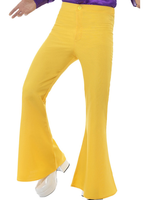 Mens 70s Groovy Disco Fever Flared Yellow Pants Costume