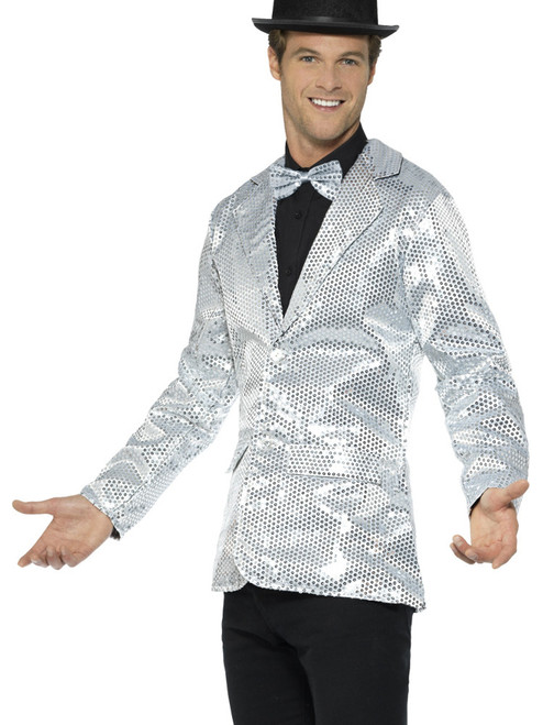 Mens Fancy Dress Silver Sequin Magicians Tuxedo Jacket Costume