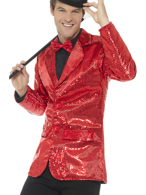 Mens Fancy Dress Red Sequin Magicians Tuxedo Jacket Costume