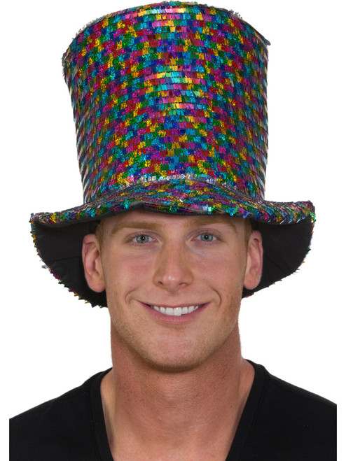 Adults Shiny Rainbow Colored Tall Top Hat Costume Accessory