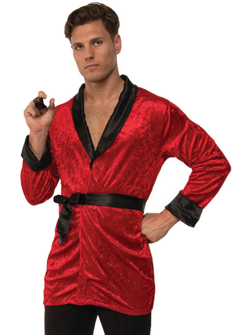 Men's Red Velvet Smoking Jacket With Belt Costume