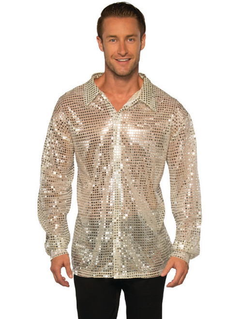 Men's 70s Dancing King Silver Sequin Disco Shirt Costume