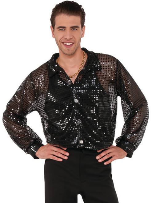 Men's 70s Dancing King Black Sequin Disco Shirt Costume