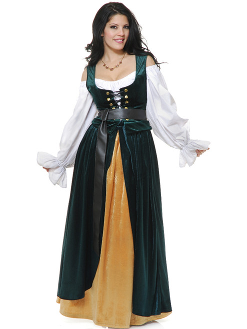 Adult's Womens Green And Gold Country Western Lady Wench Dress Costume