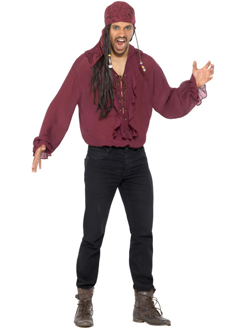 Mens Seafaring Pirate Dark Red Deckhand Buccaneer Shirt Costume