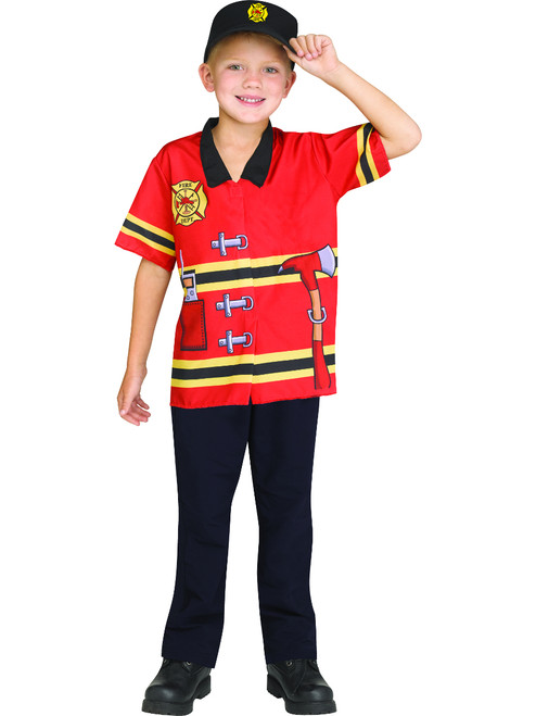 Child's Firefighter Printed Shirt And Hat Combo Costume Up To Size 6