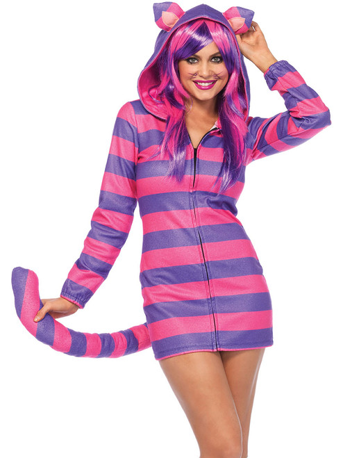 Womens Cheshire Cat Fleece Hooded Dress With Tail Costume
