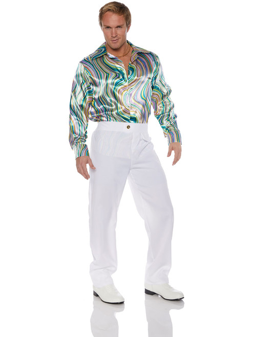 Men's Green And Gold Swirls 70s Disco Costume Shirt