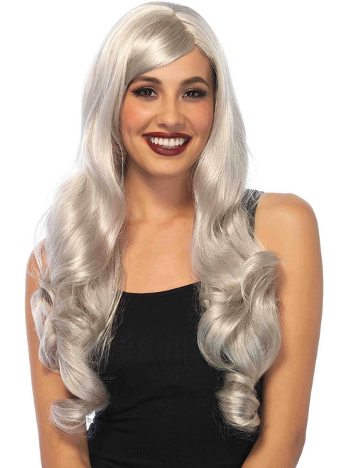 Womens Long Wavy Grey Diva Wig Costume Accessory