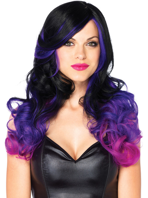 Womens Long Wavy Black And Purple Diva Wig Costume Accessory