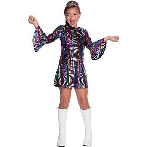 Girl's 70s Rainbow Swirl Disco Diva Dress Costume