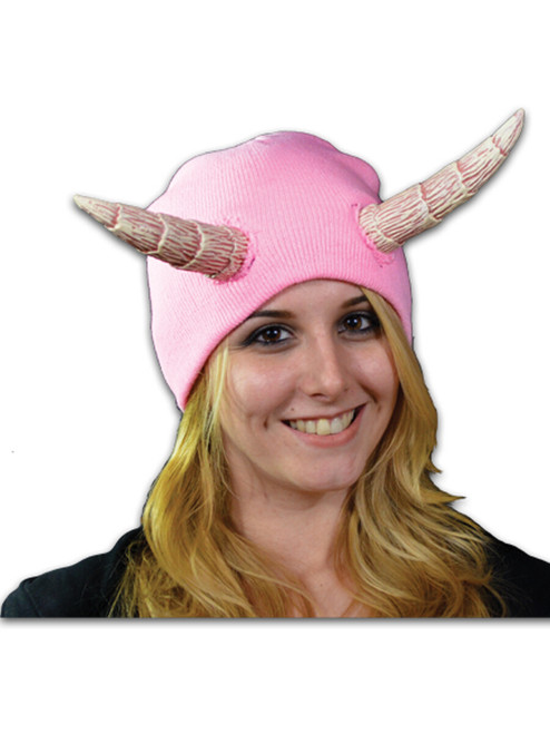 Devils Horns With Pink Beanie Hat Costume Accessory