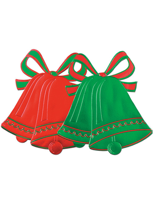 Christmas Bells Hard Foil Paper Green And Red Cut Out Decorations 2 Pack