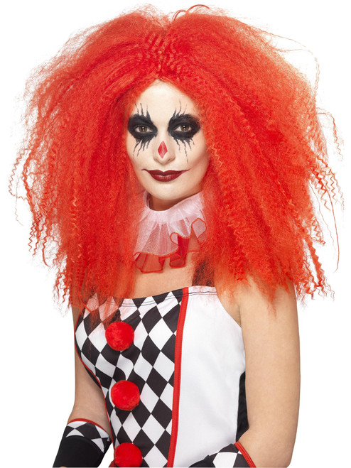 Womens Long Crimped Red Demon Clown Wig Costume Accessory