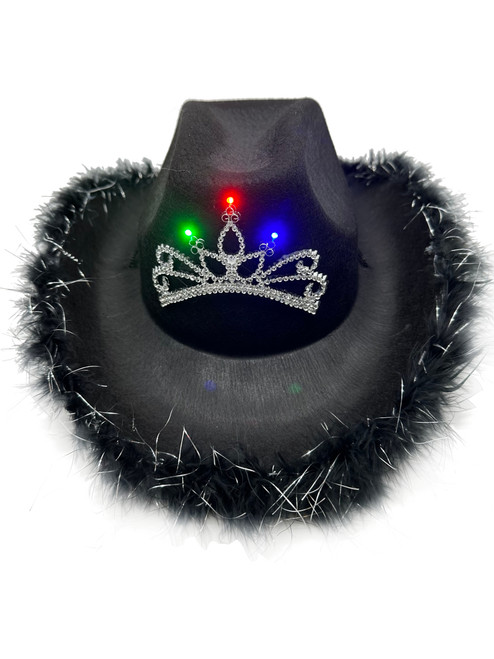Adult's Black Cowboy Hat With Light Up Tiara And Feather Trim