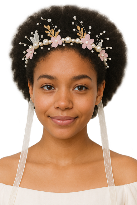 Fairytale Bridal Headband with Pink Flowers and White Ribbons Costume Accessory