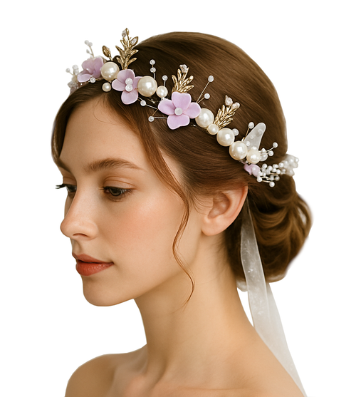 Fairytale Bridal Headband with Purple Flowers and Ribbons Costume Accessory