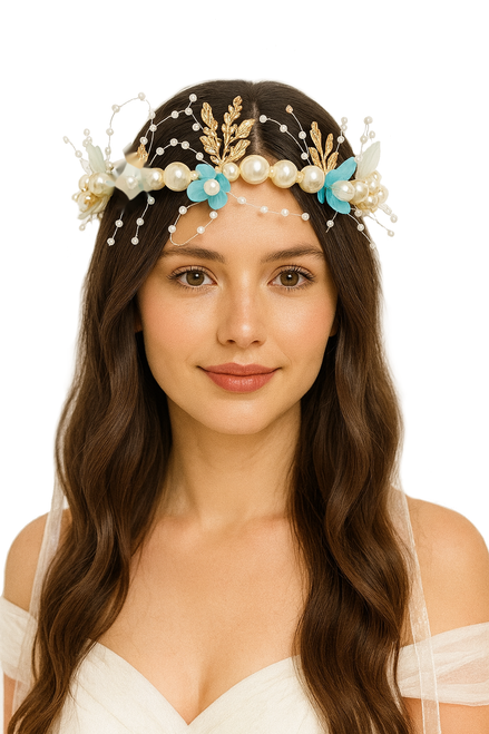 Fairytale Bridal Headband with Blue Flowers and Ribbons Costume Accessory