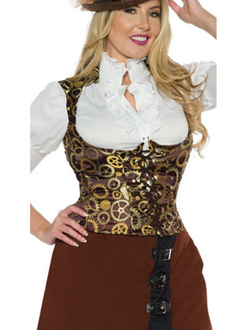 Women's Brown Steampunk Vest With Gold Gears Costume Accessory