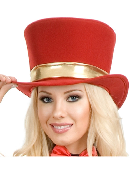 Women's Circus Magician Showgirl Red Top Hat With Gold Ribbon Costume Accessory