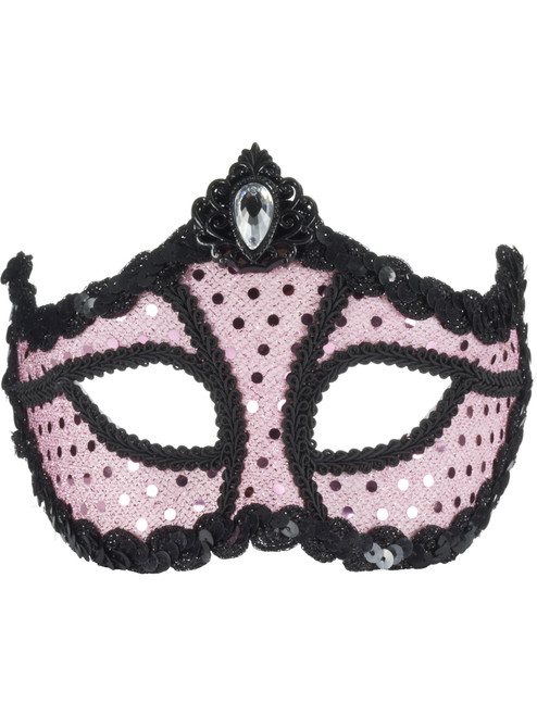 Deluxe Retro 80s Pink Black Costume Venetian Eye Mask Sequins Polka Dots