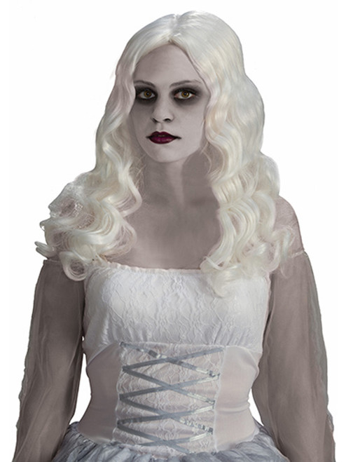 Womens Long White Wavy Ghostly Spirit Ghost Lady Costume Wig