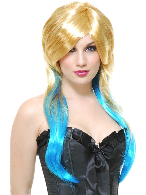 Womens Adults Deluxe Blonde Blue Highlights Anime Fantasy Wig