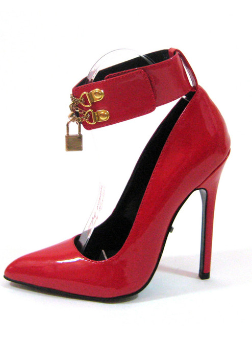 Highest Heel Womens 5" Pump W/Ankle Cuff Pad Lock Red Patent PU Shoes